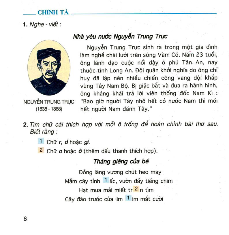 Chính tả: Nghe - viết: Nhà yêu nước Nguyễn Trung Trực. Phân biệt âm đầu r/d/gi ; âm chính o/ô